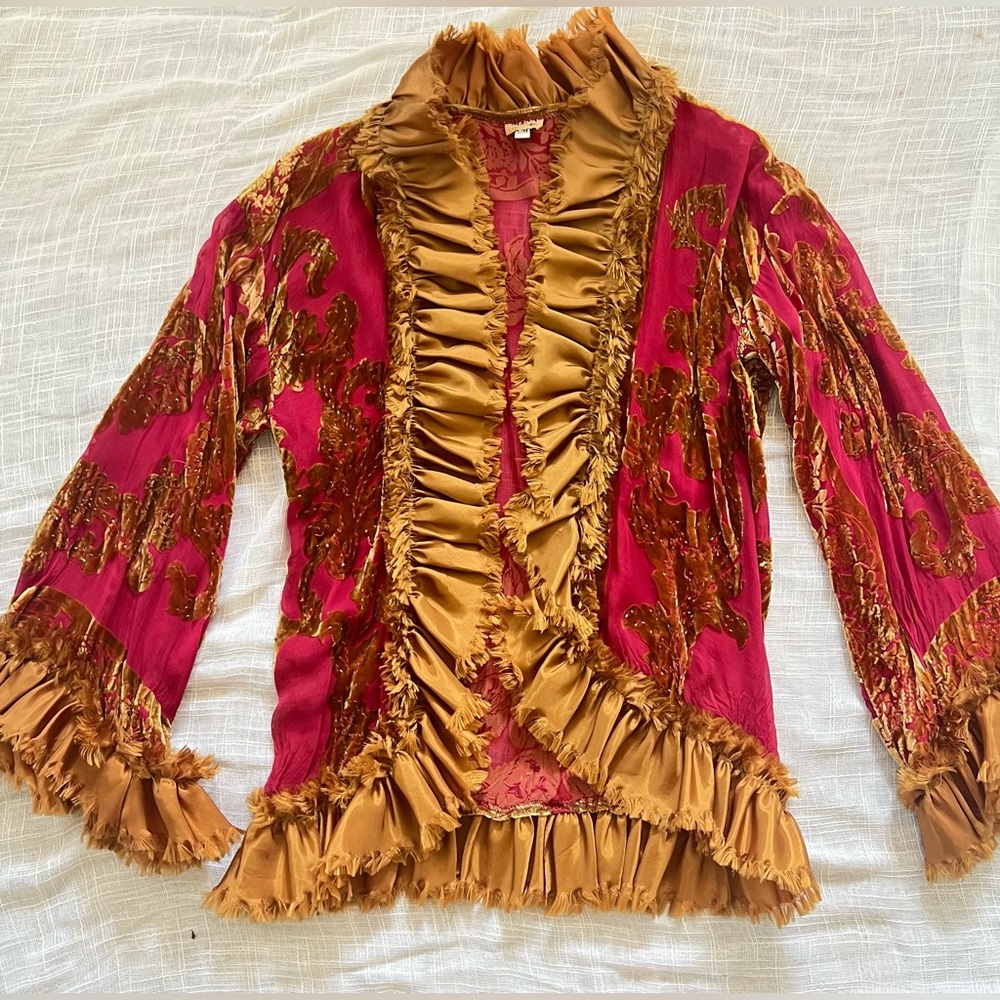 French Rose & Ochre - Beaded, Velvet Burnout Blouse